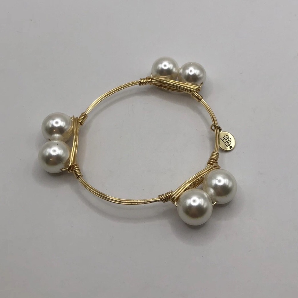 Bourbon and Bowties Twin Faux Pearl Bangle Bracelet 1/2” Pearls White Gold Tone